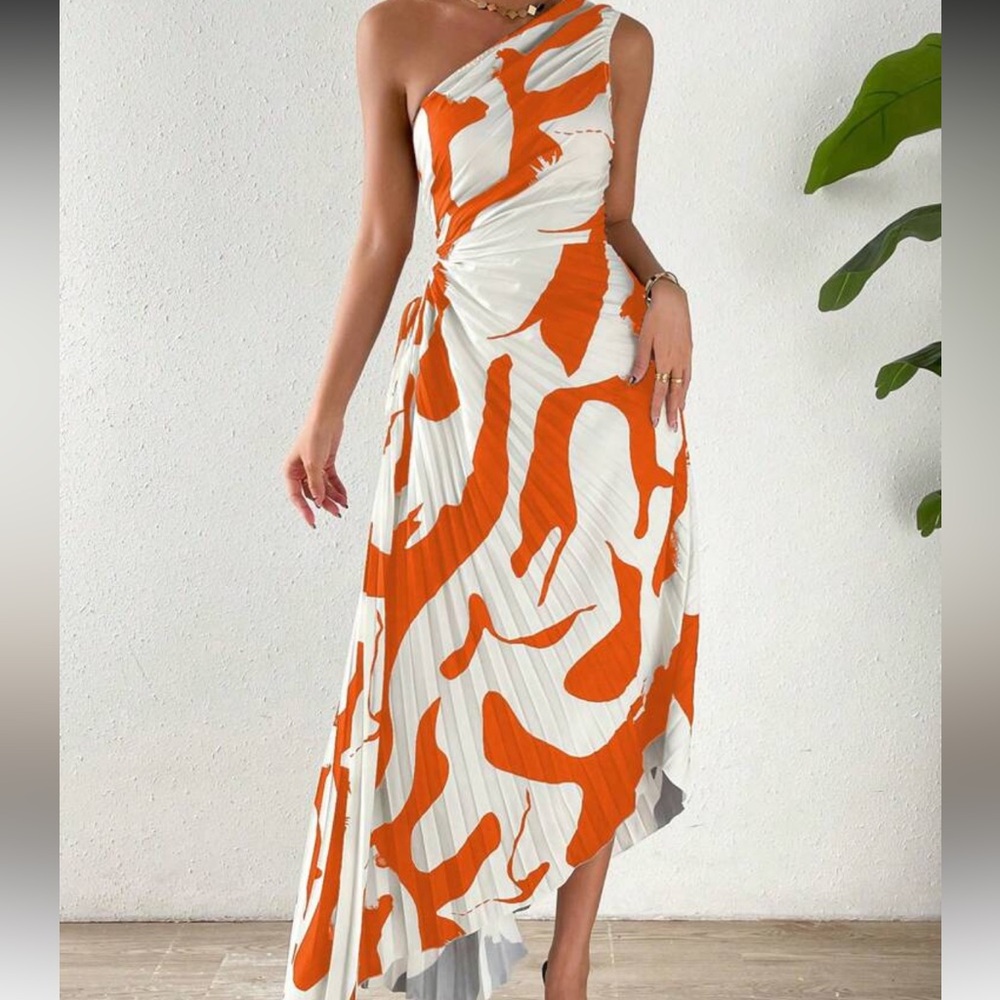 Orange and White One Shoulder Dress with Peekaboo Waist
